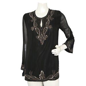 Vintage BCS Silk Sequin Embellished Tunic Top Bell Sleeves Black Metallic Beaded